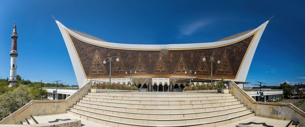 Panoramic view of the Grand Mosque of West Sumatra, Mosque with Minangkabau Architecture in Padang, Sumatra Indonesia