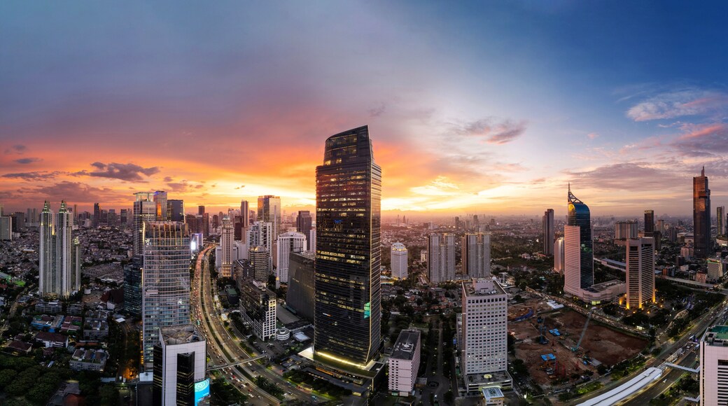 Jakarta Panoramic from Sudirman street view during the golden hour. Jakarta is capital city of indonesia before it be moved to Kalimantan.