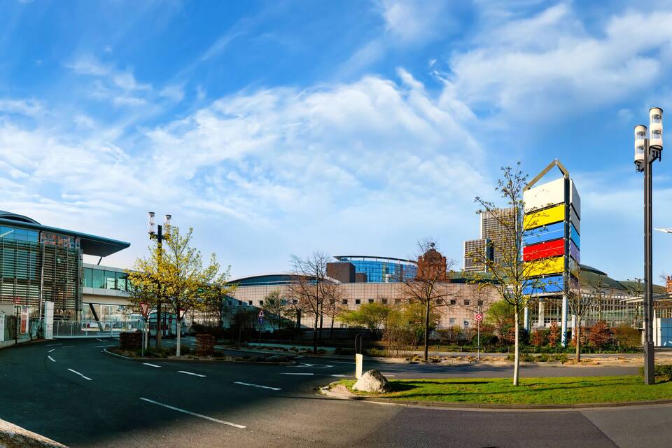 Panorama of the exhibition grounds in Frankfurt am Main. Messegelände in Frankfurt am Main