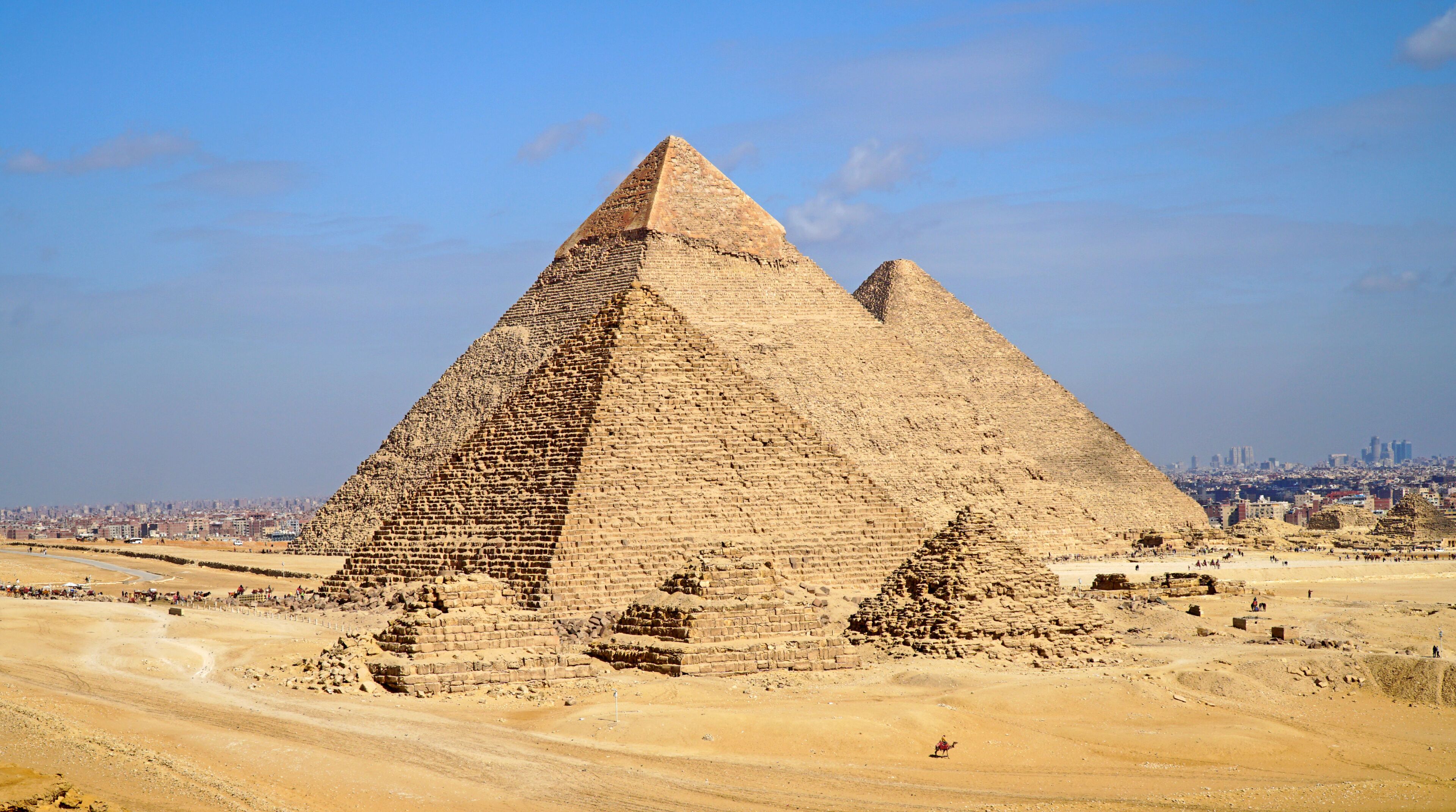 Giza Pyramid Complex. Giza Necropolis in Cairo Egypt. Khufu (Cheops or the Great Pyramid), Khafre and Menkaure.