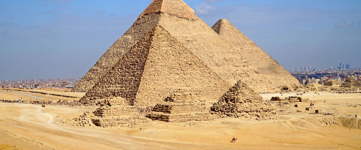 Giza Pyramid Complex. Giza Necropolis in Cairo Egypt. Khufu (Cheops or the Great Pyramid), Khafre and Menkaure.