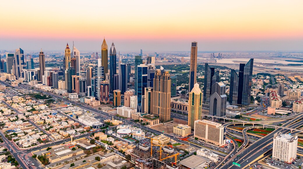 Aerial cityscape sunset view of Dubai city UAE