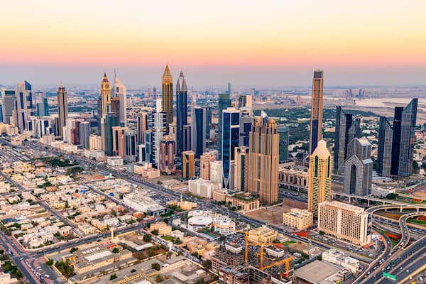 Aerial cityscape sunset view of Dubai city UAE