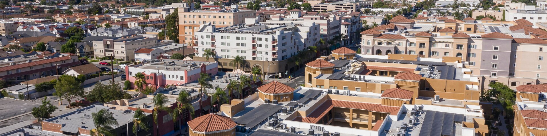 Aerial view of downtown center of Alhambra, California.