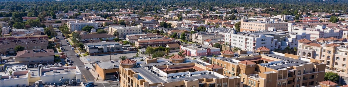 Aerial view of downtown center of Alhambra, California.