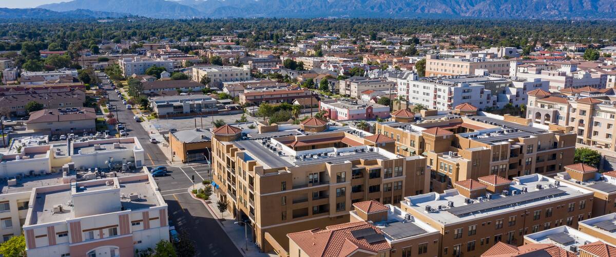 Aerial view of downtown center of Alhambra, California.