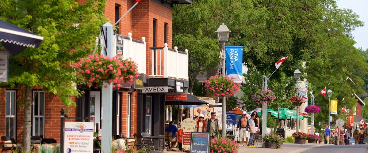 Markham featuring street scenes and flowers as well as a small group of people