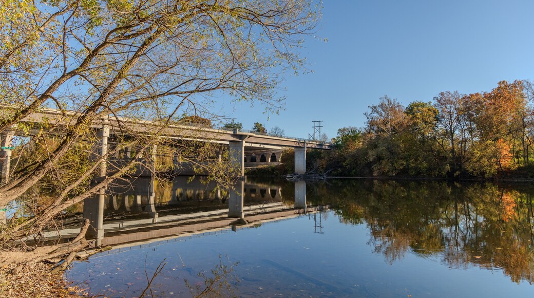 A bridge over a river with trees in the background