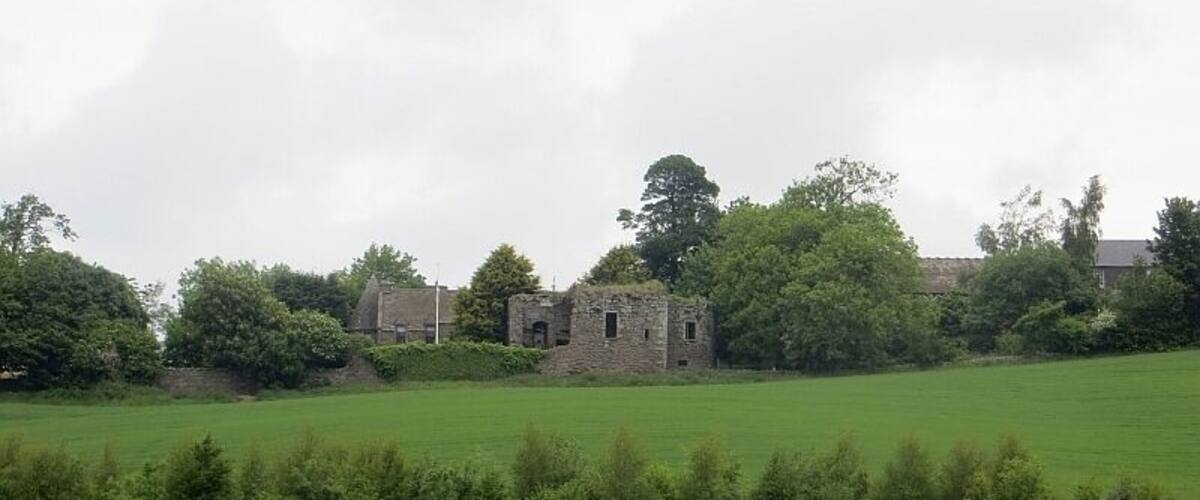 A green field with a stone building and trees in the background.