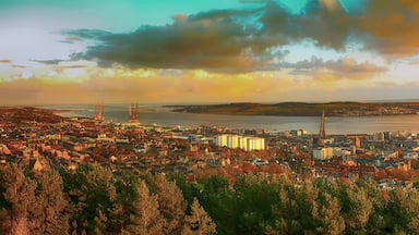 Colorful Panoramic shot of the Tay Rail Bridge of Dundee Law in Scotland at twilight,UK , Dramatic beautiful sunset
