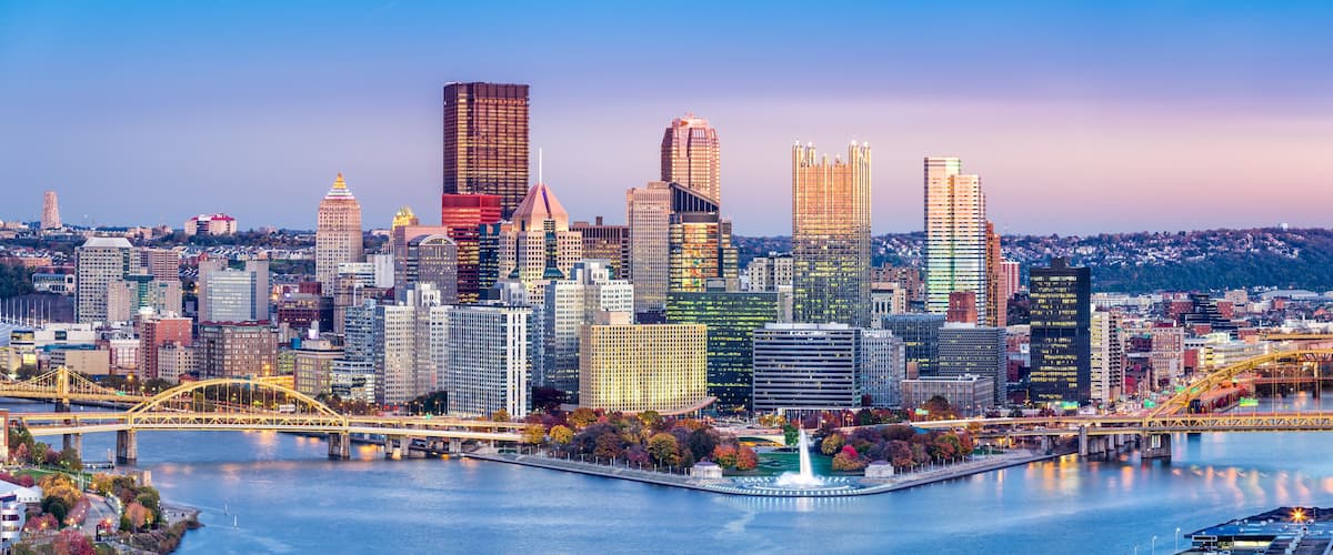 A city skyline with a river, bridges, and a variety of buildings.