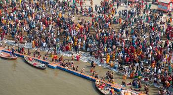Prayagraj,India-28 pJanuary 2025 Top angle view of the crowd gathered at Sangam and bathing on the banks of Ganga at the Kumbh Mela in Prayagraj or Allahabad Uttar Pradesh India