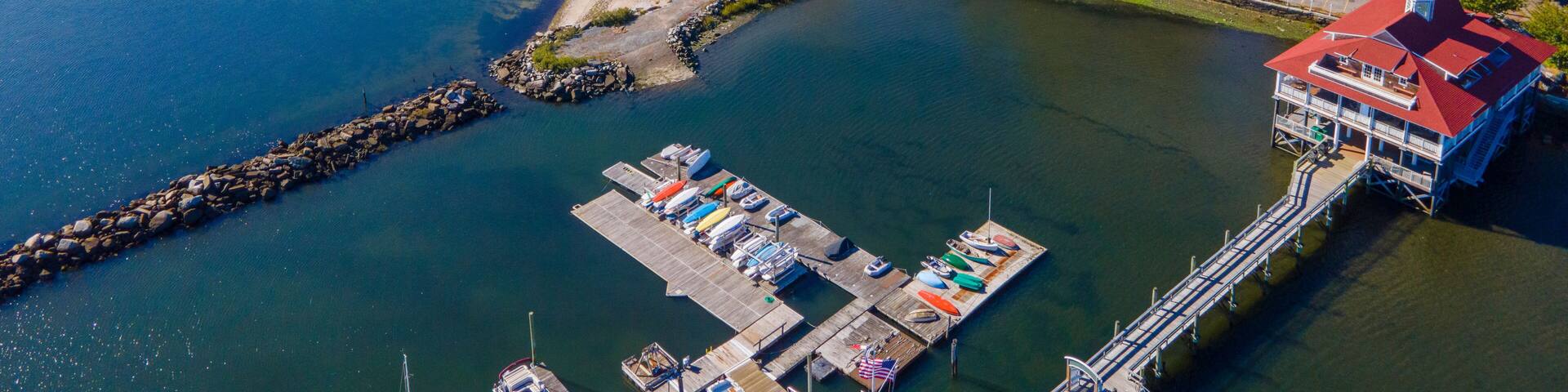 Edgewood Yacht Club aerial view from Providence River near river mouth to Narragansett Bay in city of Cranston, Rhode Island RI, USA.