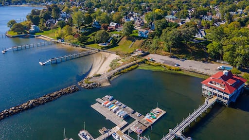 Edgewood Yacht Club aerial view from Providence River near river mouth to Narragansett Bay in city of Cranston, Rhode Island RI, USA.