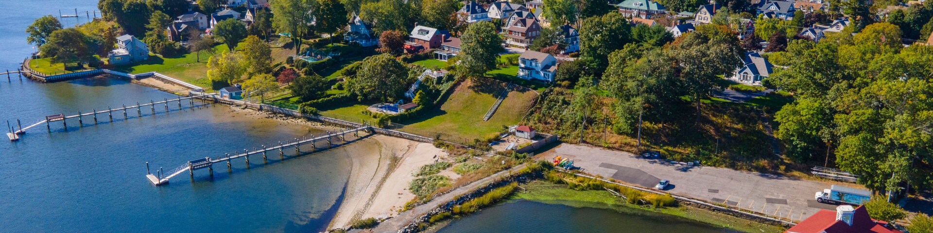 Edgewood Yacht Club aerial view from Providence River near river mouth to Narragansett Bay in city of Cranston, Rhode Island RI, USA.