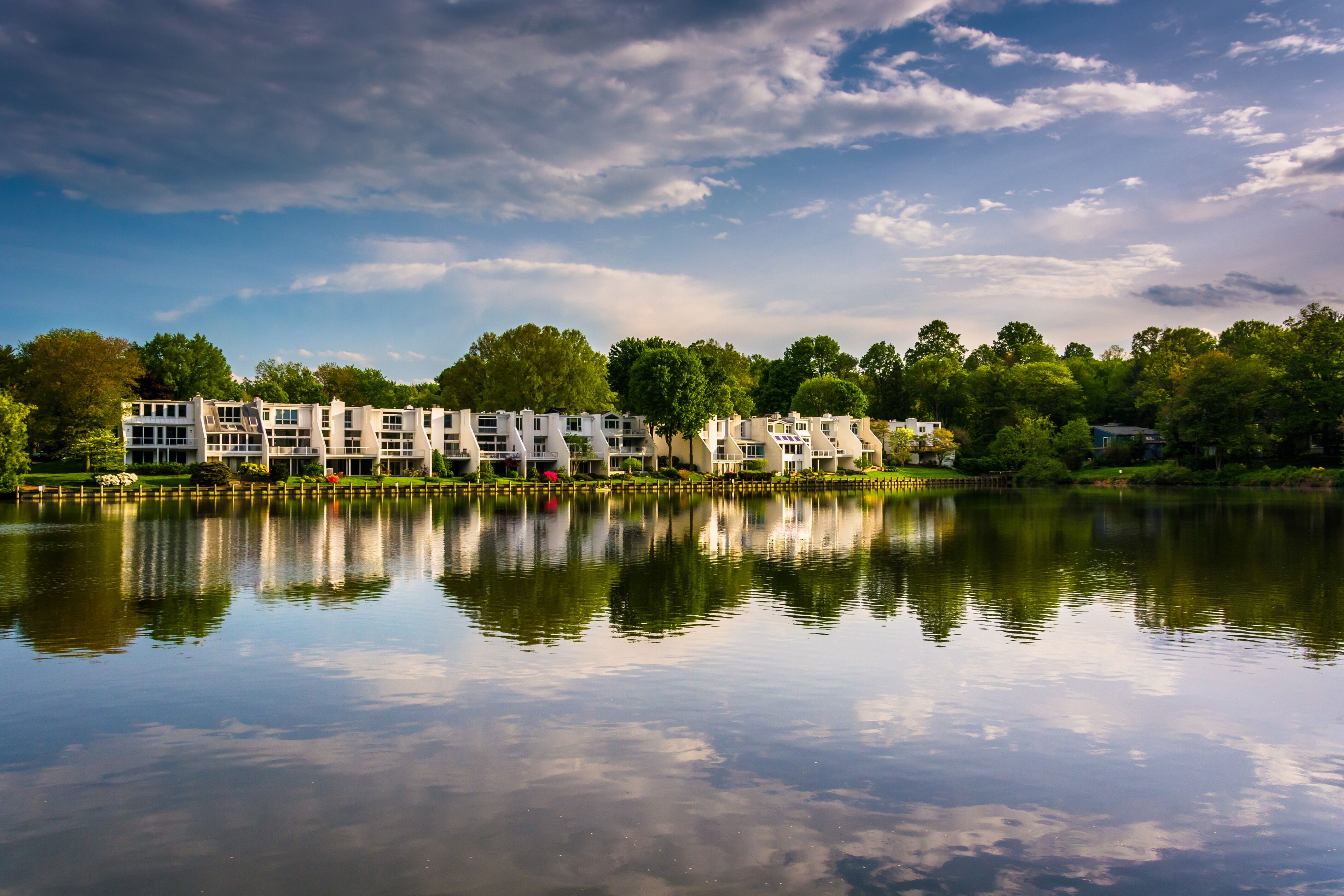 Beautiful sky reflecting in Wilde Lake, in Columbia, Maryland.