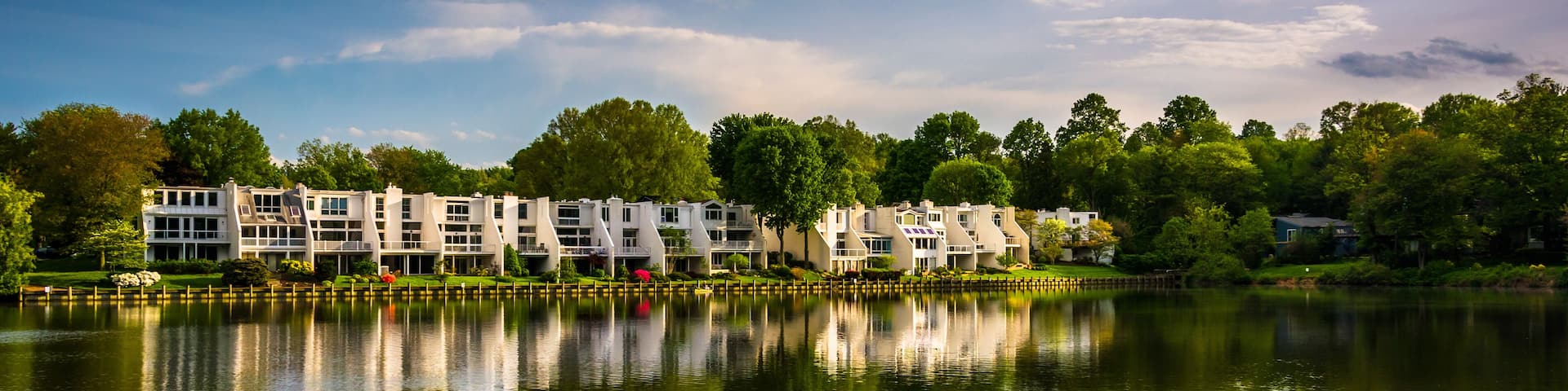 Beautiful sky reflecting in Wilde Lake, in Columbia, Maryland.