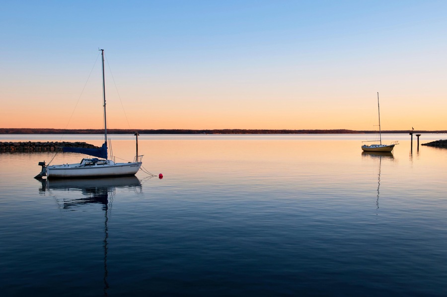 ENH9DH Sailboats at dusk, Leesylvania State Park, Prince William County, Virginia USA
