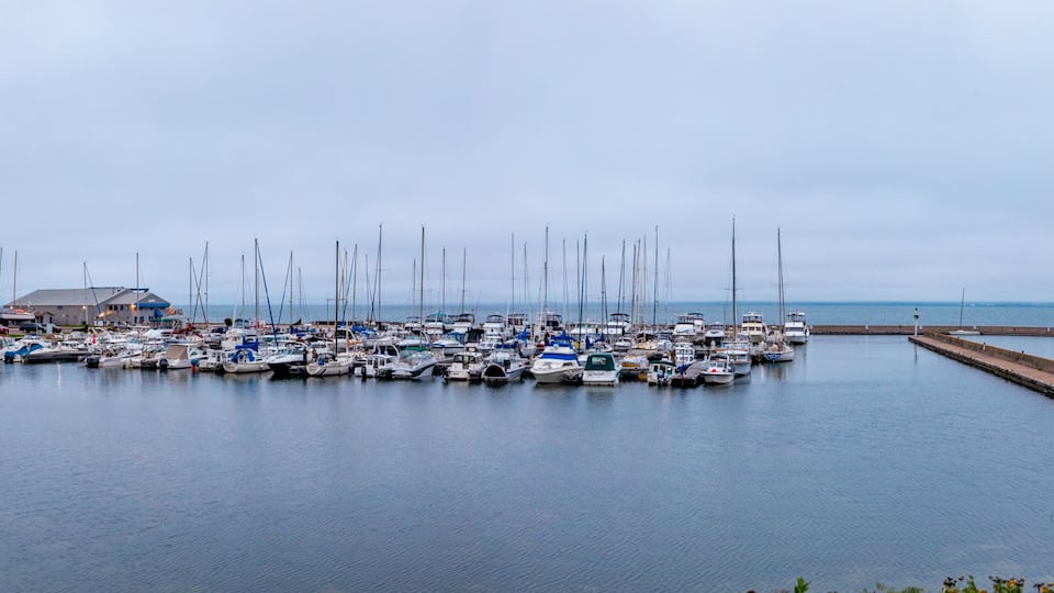 A marina with numerous sailboats docked, a pier, and a building with a blue roof.