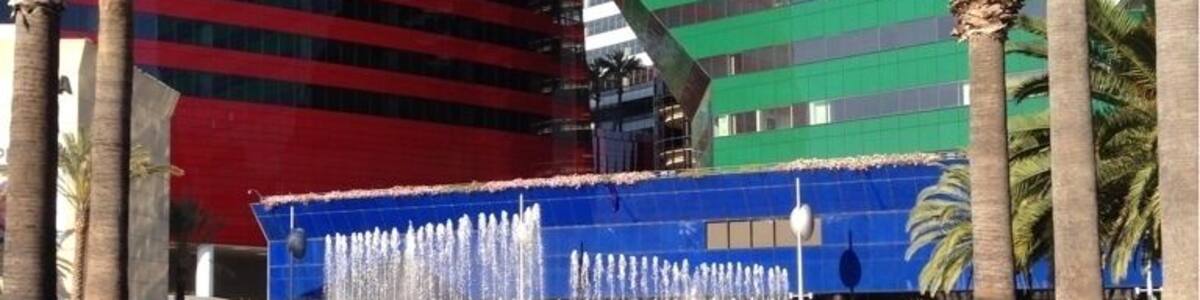 Funky colorful futuristic arrangements of buildings that make up the Pacific Design Center. Like something out of a sci fi movie.