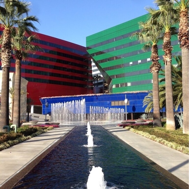 Funky colorful futuristic arrangements of buildings that make up the Pacific Design Center. Like something out of a sci fi movie.