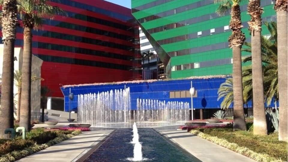 Funky colorful futuristic arrangements of buildings that make up the Pacific Design Center. Like something out of a sci fi movie.
