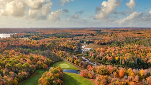 Autumn aerial view of Omer's Golf Course and Resort near Twin Lakes in the Michigan Upper Peninsula