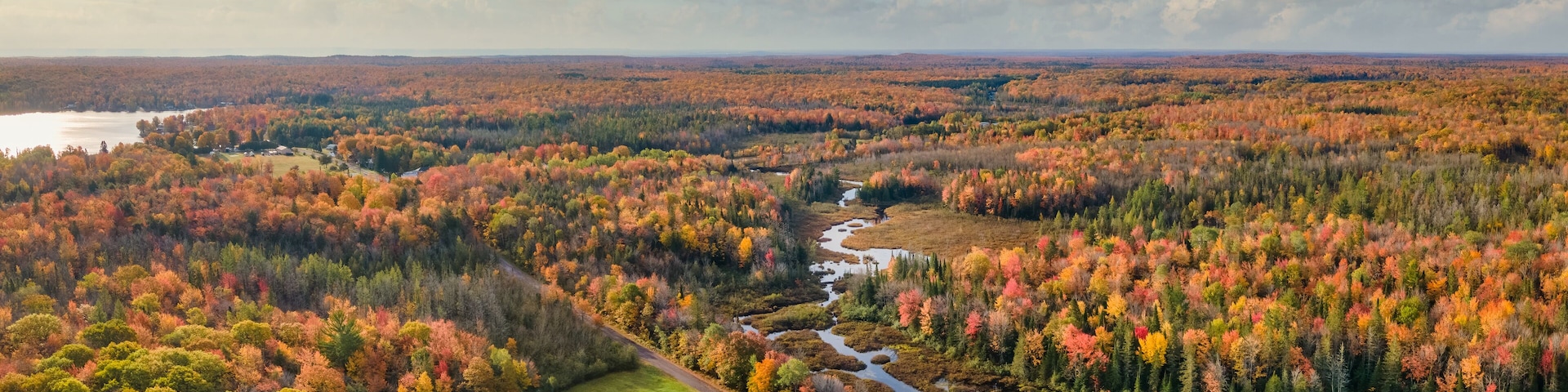 Autumn aerial view of Omer's Golf Course and Resort near Twin Lakes in the Michigan Upper Peninsula