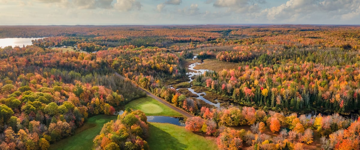 Autumn aerial view of Omer's Golf Course and Resort near Twin Lakes in the Michigan Upper Peninsula