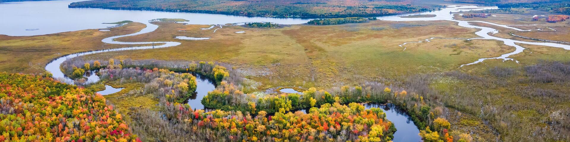 Autumn aerial view of Portage Lake near Chassell in Michigan Upper Peninsula UP - Highway 41