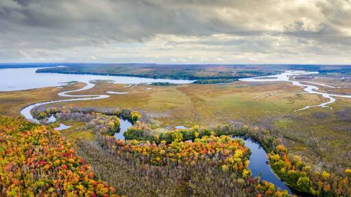 Autumn aerial view of Portage Lake near Chassell in Michigan Upper Peninsula UP - Highway 41