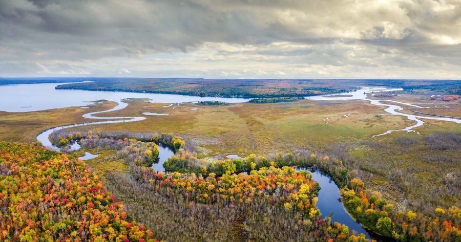 Autumn aerial view of Portage Lake near Chassell in Michigan Upper Peninsula UP - Highway 41