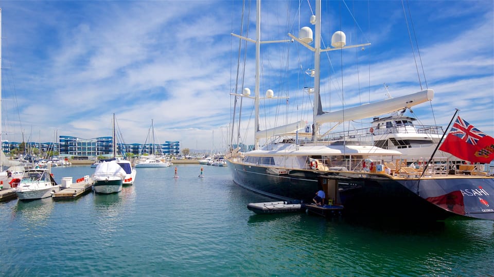 A marina with several sailboats docked, a large yacht named 'ASAHI', and a building with a blue facade in the background.