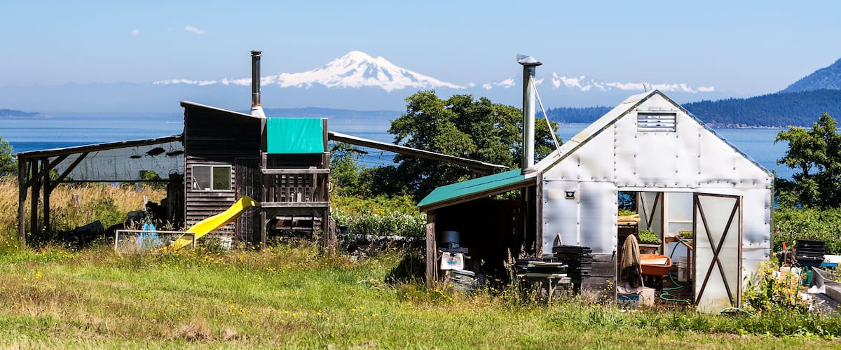 A rustic wooden structure with a green roof and a yellow slide, a metal shed, and a mountain in the background.