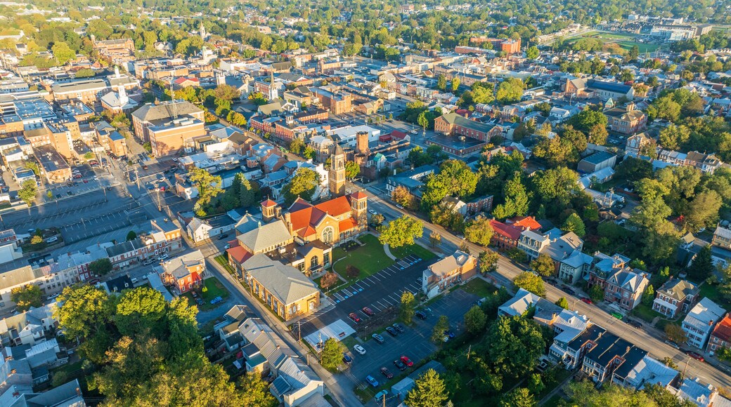 Aerial view of Carlisle, PA, showcasing a mix of residential, commercial buildings, and tree-lined streets under a clear morning sky.