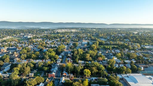 Aerial view of Carlisle, PA, showcasing a mix of residential, commercial buildings, and tree-lined streets under a clear morning sky.