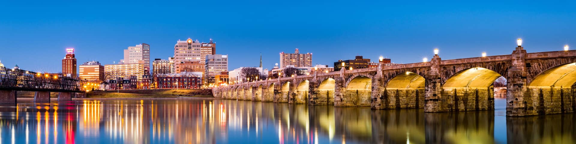 Harrisburg, Pennsylvania skyline with the historic Market Street Bridge reflected on the Susquehanna River at dusk