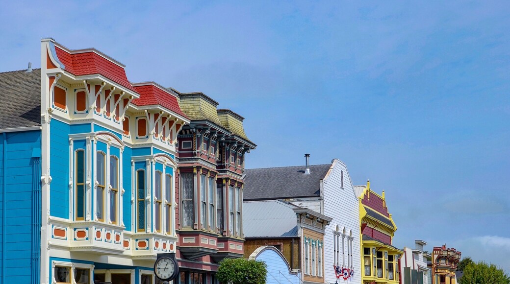 Colorful houses in Ferndale in Humboldt County, California, USA, famous for its Victorian architecture, a sunny day in summer