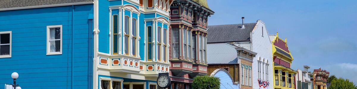 Colorful houses in Ferndale in Humboldt County, California, USA, famous for its Victorian architecture, a sunny day in summer
