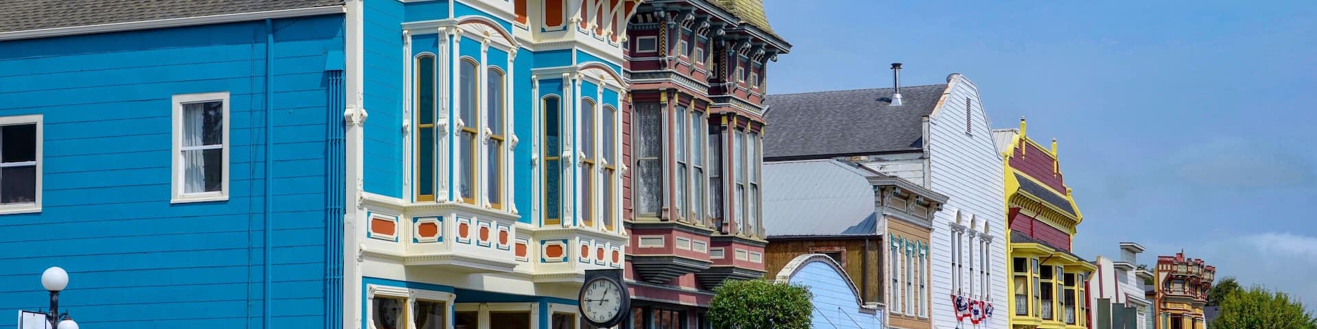 Colorful houses in Ferndale in Humboldt County, California, USA, famous for its Victorian architecture, a sunny day in summer