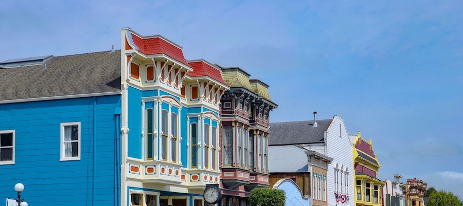 Colorful houses in Ferndale in Humboldt County, California, USA, famous for its Victorian architecture, a sunny day in summer