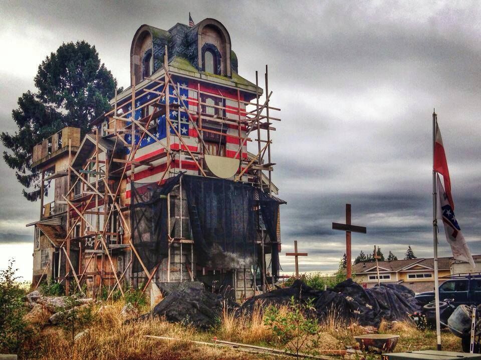 This attention grabbing building located on Ferndale's Main Street is infamously known as the Clock Tower House owned by Polish immigrant, Art Rojsza.  Thought to be an eyesore by locals, Rojsza wrote this letter to a reporter in an attempt to explain his background and goal with this enormous project and undertaking.  Read it here: http://media.bellinghamherald.com/static/images/downloads/JaredPaben/Rojszaletter.pdf