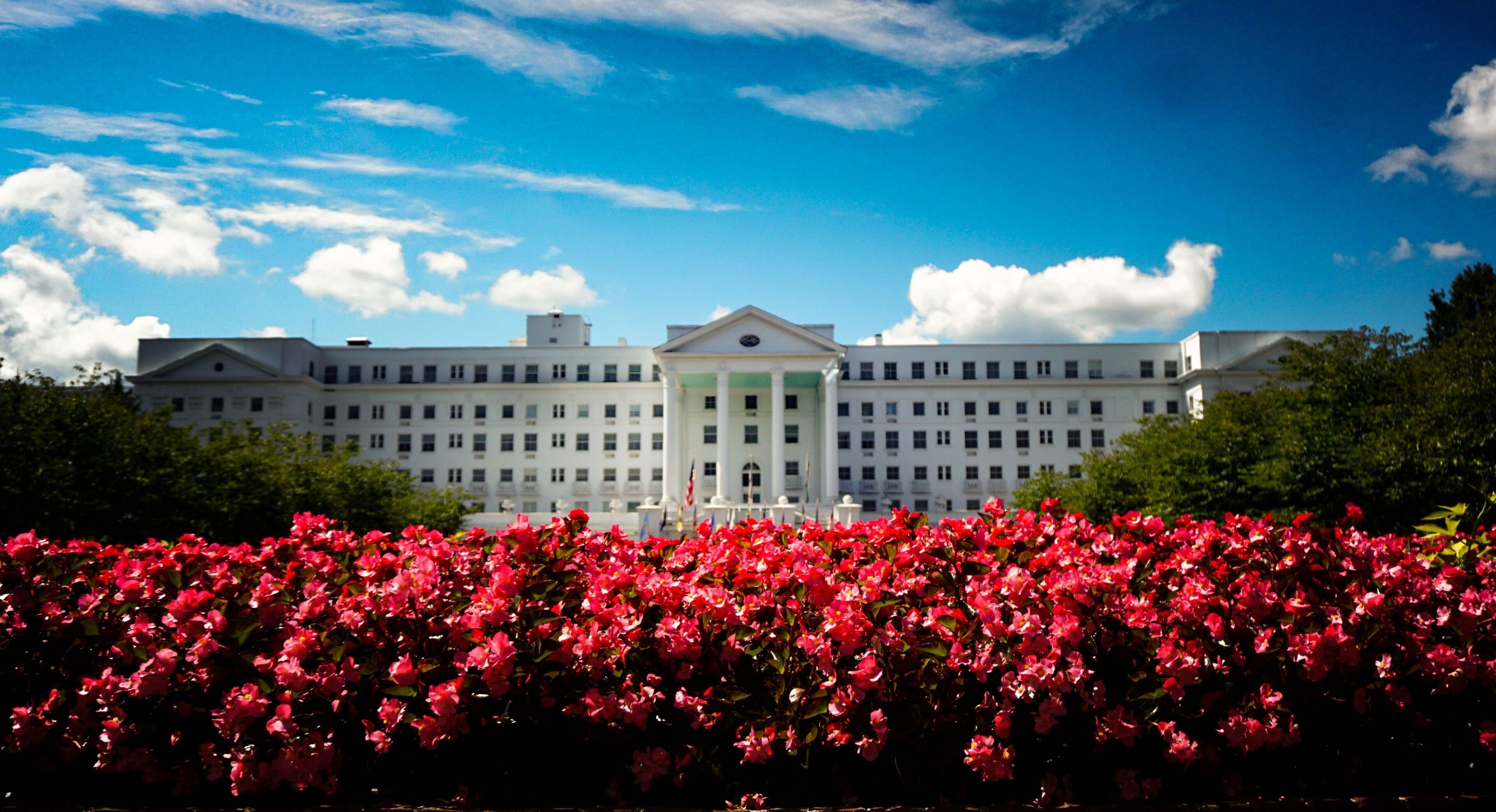 A large white building with a central entrance, surrounded by lush green trees and a vibrant red flower bed in the foreground.
