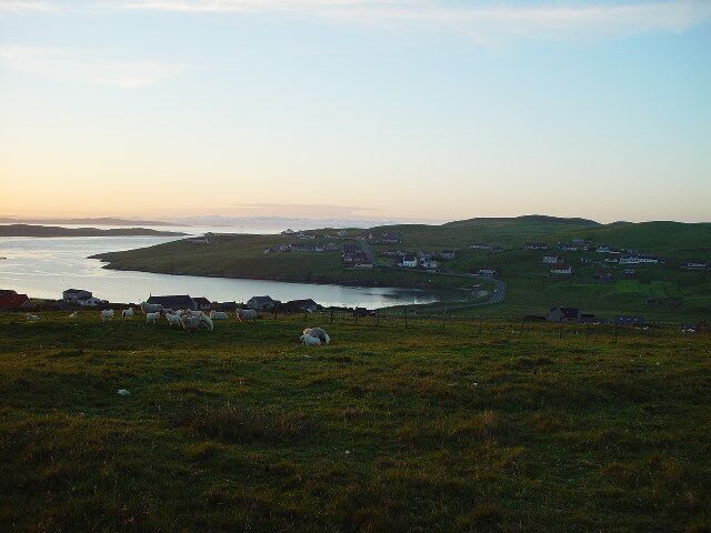 Saltness, North Park and West Hamister, Whalsay. Looking North from Gardentown past Saltness, over North Voe to North Park and West Hamister, Whalsay