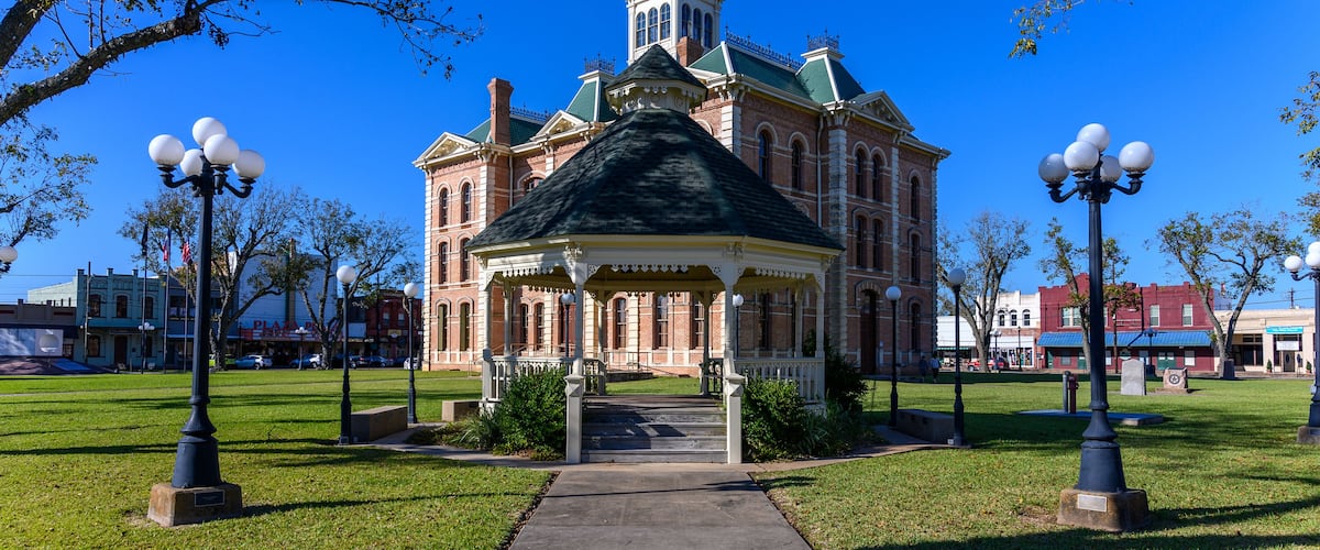 Historic Wharton County Courthouse built in 1889 and Town Square in Wharton City in Wharton County in Southeastern Texas, United States