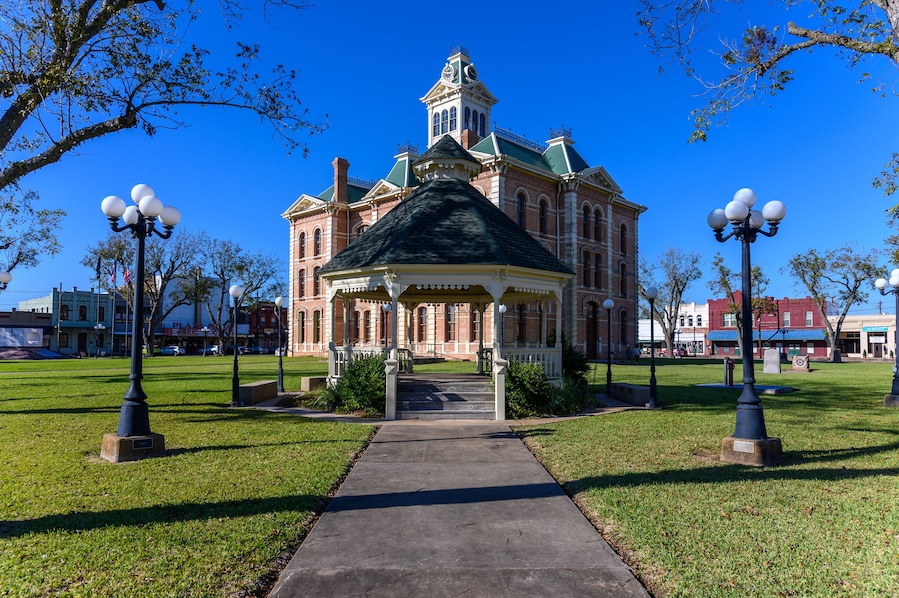 Historic Wharton County Courthouse built in 1889 and Town Square in Wharton City in Wharton County in Southeastern Texas, United States