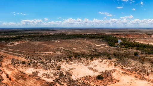A vast, arid landscape with sparse vegetation, winding dirt roads, and a distant river.
