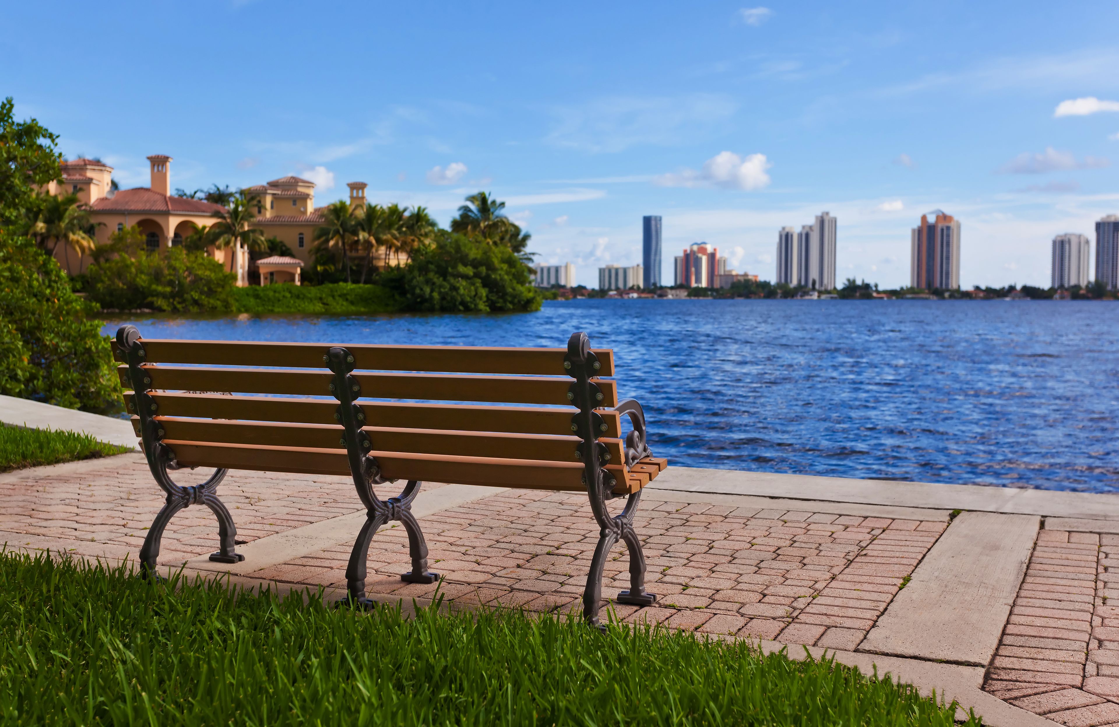 Wooden bench beautiful view on the sea and city