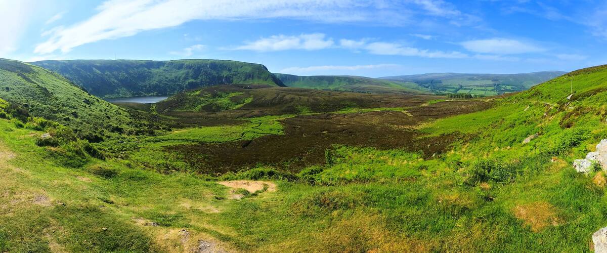 Panoramic view of Sally Gap in the picturesque valleys of Wicklow National Park, Ireland