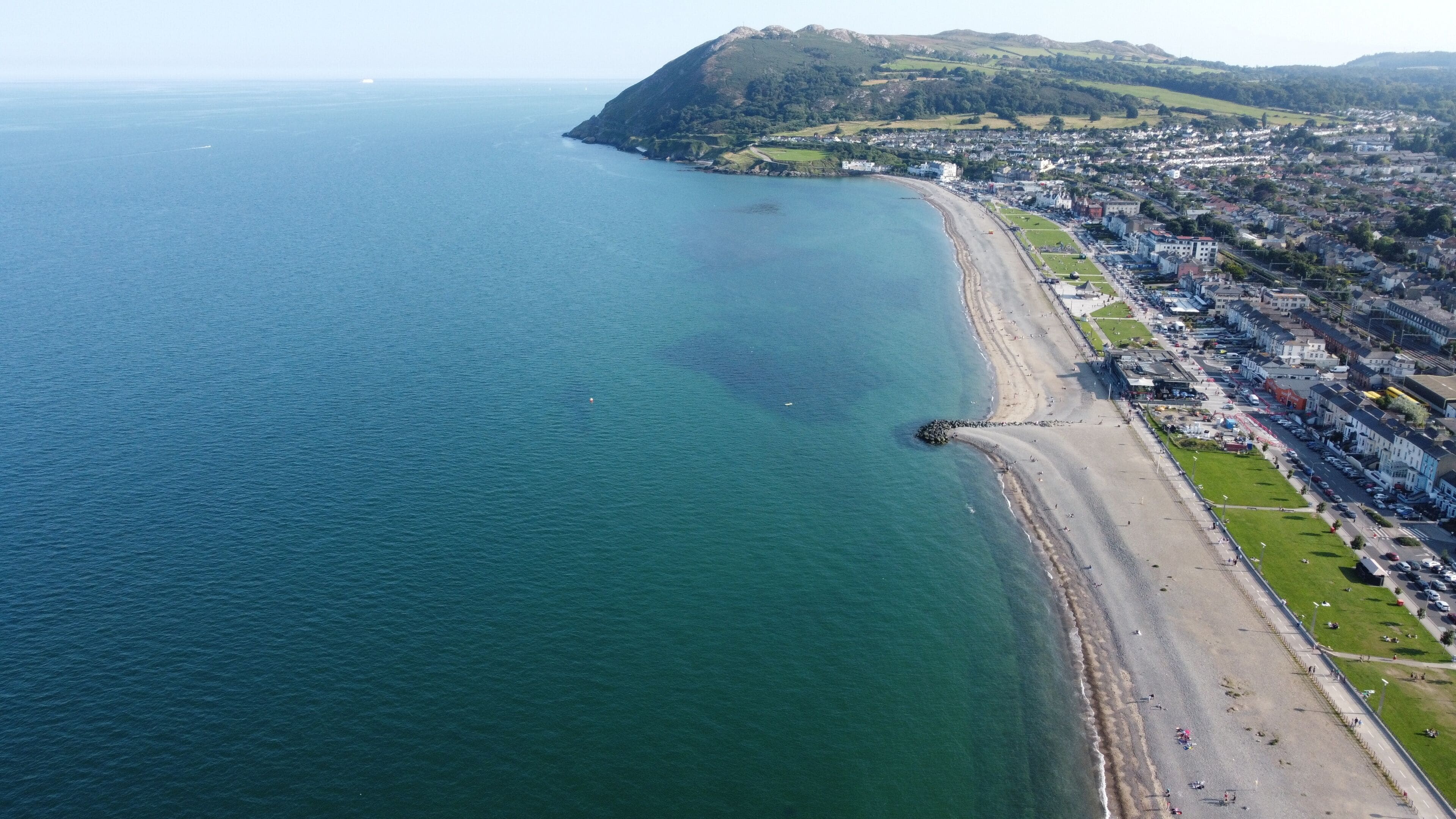 A bird's-eye view of the sandy strand of Bray Beach on a summer's day, Co. Wicklow, Ireland